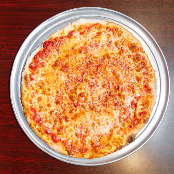 A classic cheese pizza with melted mozzarella and red sauce on a metal tray.